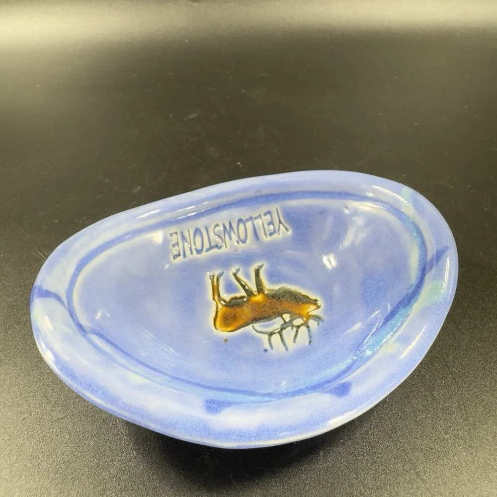 Vintage Yellowstone Pottery Ceramic Oval Trinket Holder Dish Small Plate Blue